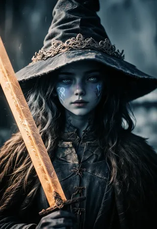 Dark fantasy portrait of Ranni the witch holding a glowing sword, wearing a menacing hat and dark robes, with blue and amber light illuminating her face and weapon.