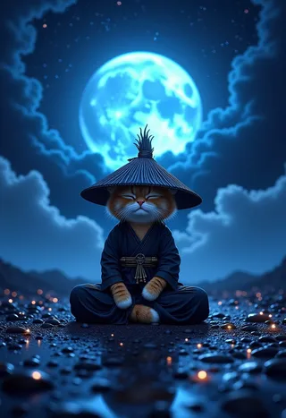 A serene ninja cat wearing feudal Japanese clothing and a large sedge-hat meditates in lotus position at night with a glowing blue moon and cloudy sky in the background.