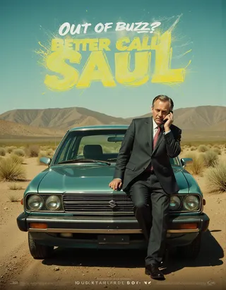 Hyper realistik poster of a parody TV show titled 'Out of buzz? Better Call Saul' with a suited lawyer on a phone leaning on a green 1998 Suzuki Esteem in an American desert.