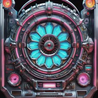 Hyper detailed digital art of a jukebox with a circular turquoise-blue center, surrounded by intricate mechanical switches, user interface labels, and volumetric rim lighting.