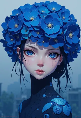 Anime girl with deep blue hydrangea flowers forming a floral crown on her head, blue eyes, and cyberpunk futuristic outfit.
