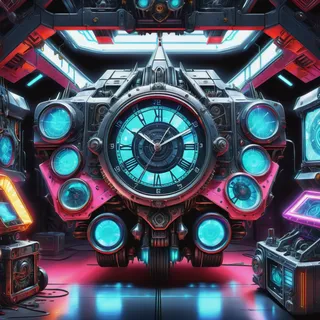 A detailed cyberpunk-style hovering vehicle with a large glowing clock face, surrounded by neon blue fiber optic lights in a futuristic repair garage.