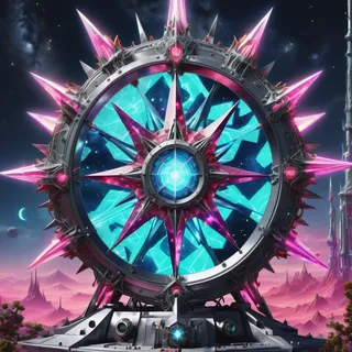 A hyper detailed celestial spiked wheel made of steel with glowing fluorescent and rope lights, set against a starlit dusk sky with mountains and fantastical spires.