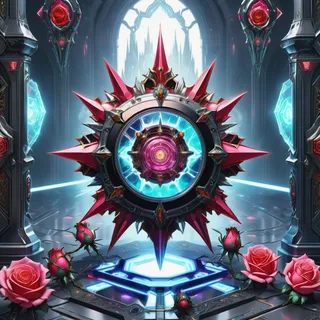 Highly detailed digital art of a spiked quantum force field nexus with vibrant blue energy core, surrounded by red roses inside a futuristic obsidian stone chamber.