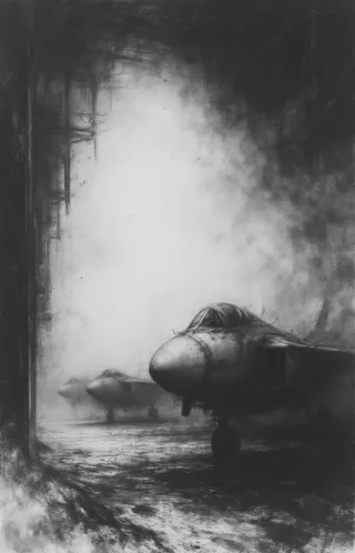 A black and white depiction of a futuristic hangar containing large fighter jets, with sunlight streaming through large windows and casting shadows on the ground, highlighting the technological and mechanical details of the aircraft.