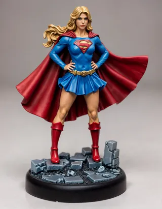 Highly detailed tabletop miniature figure of Supergirl standing heroically with flowing red cape, blue suit, and golden emblem, posed on a cracked and rubble-strewn base.