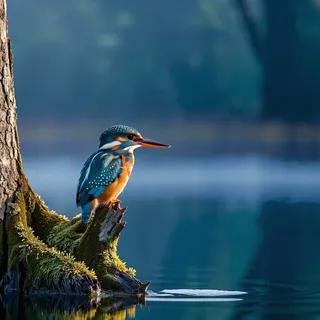 Close-up side view of a vibrant kingfisher perched on moss-covered treebark by deep blue water with morning fog and reflections at dawn