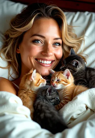 Close-up of a smiling blonde woman lying in bed cuddled by multiple kittens of different colors, showcasing photorealistic detail and happiness.