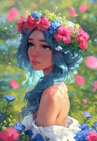 A woman with deep blue hydrangea flowers entwined in her hair forming a floral crown, set against a soft, blurred garden background with pink and blue flowers.