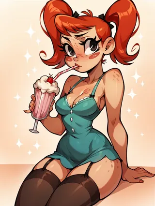 Curvy red-haired girl with twintails sipping a pink milkshake topped with whipped cream and a cherry while wearing teal lingerie and black thighhighs