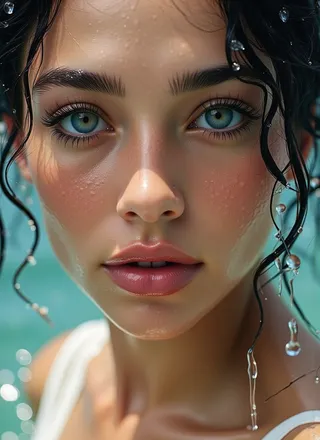 Close-up photorealistic portrait of a young woman with blue eyes and water droplets on her flawless skin, wet curly hair framing her face, softened pastel background.