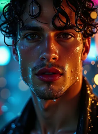 Close-up portrait of a young man with wet skin and water droplets on his face and chin, highlighted by colorful bokeh lights in the background.