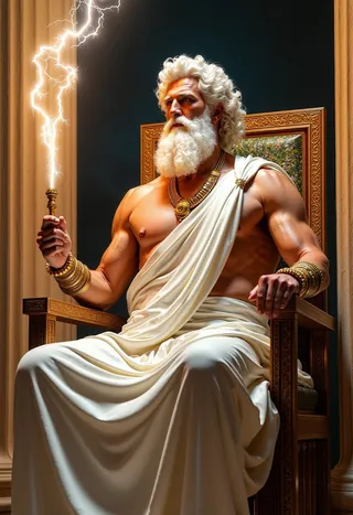 Zeus with curly white hair and thick beard, wearing a white Greek toga, holding a glowing lightning bolt, seated on an ornate throne inside the Parthenon.