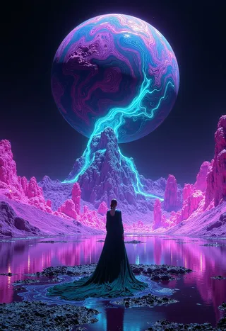 A surreal digital landscape featuring a mysterious figure in a long dark dress standing by reflective water, with glowing pink mountainous terrain and a large glowing purple and blue planet emitting electric blue lightning in the sky above.