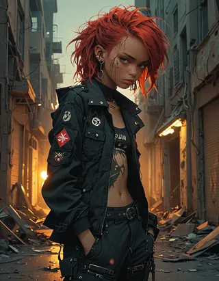 3D hyper realistic portrait of a punk style girl with messy red hair and dark skin wearing a black jacket and pants, standing in a ruined urban environment at night with dramatic side lighting and shadows.