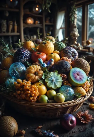 Basket of vibrant, exotic alien fruits with unique shapes and colors on a rustic wooden table inside a cozy cabin.