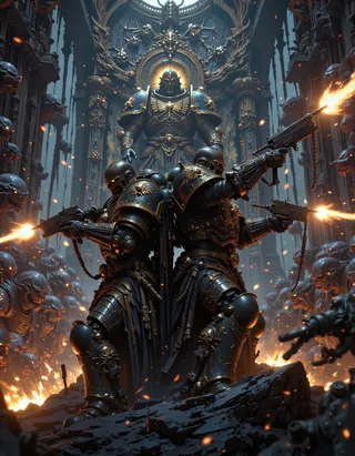 Two heavily armored UltraM40k warriors standing back-to-back firing guns amidst glowing-eyed monsters in a grand, dark cathedral setting with dramatic god rays and muzzle flashes.