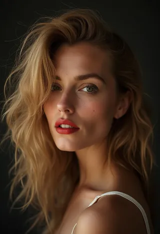 Close-up portrait of a woman with red lips and gold hairstyle, featuring dramatic lighting and highly contrasted photorealism style.