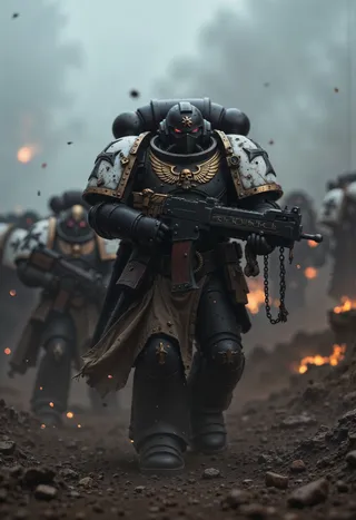 A large black armored space marine with red glowing eyes marches forward on a smoky battlefield, holding a futuristic rifle, with an army clad in similar armor behind him amidst fires and debris.