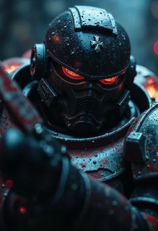 Close-up of BlackT40k clad in detailed power armor with wet texture, glowing red eyes in helmet, holding a combat knife under moody cinematic lighting.