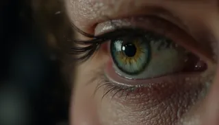 Cinematic close-up of an eye showing detailed pupil reflection, long eyelashes, and fine skin texture with film grain effect.