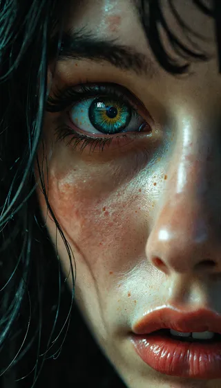 Close-up view of a realistic human face focused on a vibrant detailed eye, textured freckled skin, moist lips, and strands of wet hair.