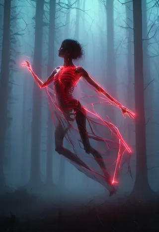 A faceless woman dancing in a dark foggy forest with translucent skin revealing red glowing bones and skeletal structure, rendered with dramatic lighting.
