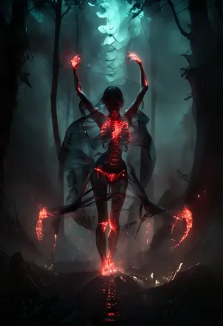 Faceless woman with red glowing bones and fragmented skin dancing in a dark foggy forest wearing a black dress with mysterious and intense atmosphere.