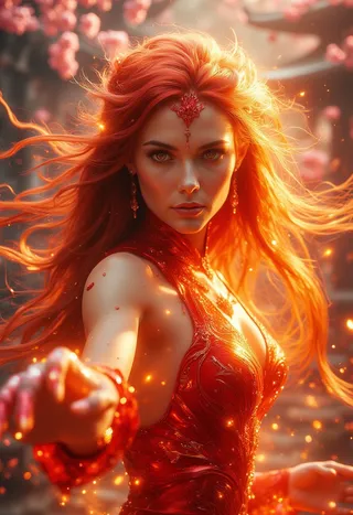 Close-up portrait of a Fire Goddess with flowing fiery red hair, wearing a radiant red dress, surrounded by blooming cherry blossoms and subtle flames.