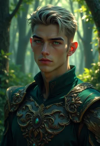 A noble elven guardian with short sleek hair and mystical green eyes wearing elegant armor decorated with nature motifs stands in an ancient forest with glowing flora.