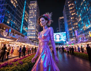 Woman wearing a shimmering holographic dress with a statement headdress at a bustling, modern urban plaza during night, surrounded by illuminated high-rise buildings and social crowd.