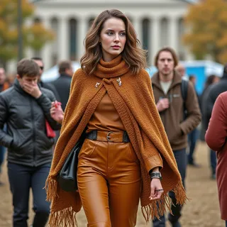 Woman walking in a vibrant autumn park wearing a warm rust-colored oversized sweater, high-waisted leather culottes, and a fringe shawl, styled in a cinematic and photorealistic manner.