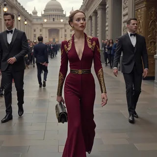 A Capitol resident in a burgundy jumpsuit with gold embroidery walks confidently through a grand hallway with authoritarian architecture in the background.