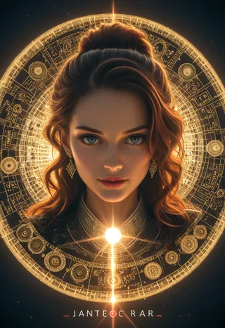 A photorealistic portrait of a woman with blue eyes and wavy brown hair, illuminated by a detailed golden halo filled with arcane symbols, glowing with volumetric light.