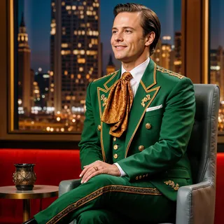 Male talk show host wearing an emerald green tailored suit with gold embroidery and a vibrant gold patterned cravat, seated in a studio with a dystopian cityscape background.