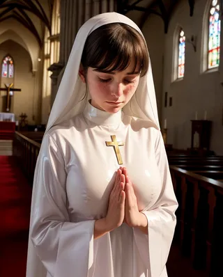 A young woman dressed as a latex nun with a shiny white habit and a golden cross necklace bows her head in prayer inside a dimly lit church sanctuary, tears on her cheeks.