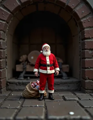 A close-up of a miniature 2-inch tall Santa Claus standing exhausted on a brick hearth with his hands on his knees, wearing a soot-dusted red suit, next to a sack of presents, inside a dark fireplace.