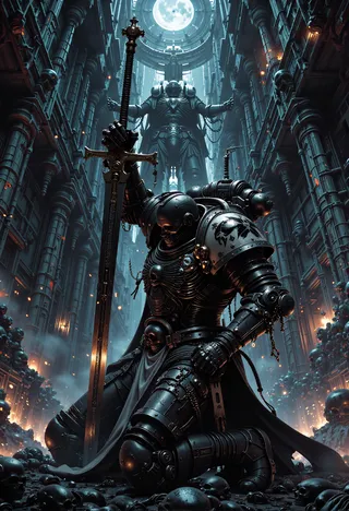 Dark armored warrior BlackT40k kneels holding a giant sword inside a vast gothic cathedral, illuminated from above with a large glowing circular window.