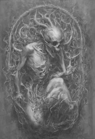 Black and white depiction of a demonic skull with horns intertwined with a womanly figure, portrayed in a Giger art style expressing emotion and distress.