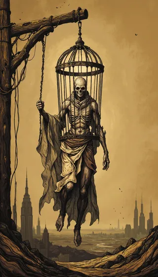 A sepia-toned illustration of an emaciated skeletal figure draped in tattered cloth, suspended inside a wrought iron cage hanging from a wooden gibbet above a desolate cityscape under stark lighting.
