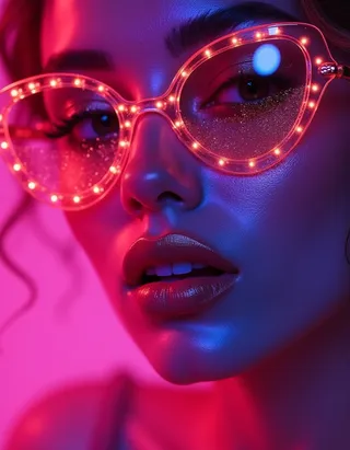 Hyper-realistic close-up of a supermodel's face with big lips, wearing neon-lit sunglasses, bathed in pink and purple light with glittering particles on skin.