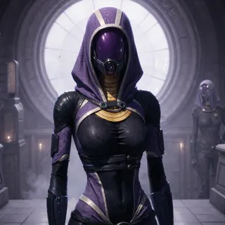 Tali Zorah wearing a purple hood and futuristic armor standing in front of a large circular window with a dramatic sci-fi background.