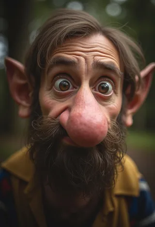 Close-up portrait of a dwarf with a large bulbous nose, exaggerated facial features, and a thick beard, set against a blurred forest background, captured in hyperrealistic detail.