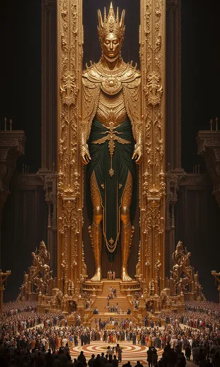 A massive golden statue of a regal figure standing on an ornate throne, surrounded by a large religious gathering inside a grand hall with intricate decorations.