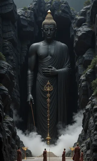 Massive Chinese Buddha statue carved from dark marble embedded in rocky mountain, surrounded by smoke and monks sweeping the ground.