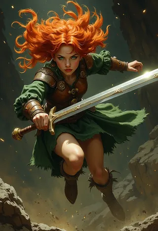 Fierce redheaded woman with flowing hair, green eyes, leather breastplate, and ragged green dress leaping forward with a large sword in an attack pose against a dark background.