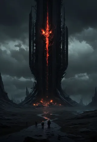 A dark volcanic landscape featuring a towering black skyscraper-like column with a glowing red fissure resembling a fiery eye, surrounded by scorched land and robed figures walking towards it under a stormy sky.