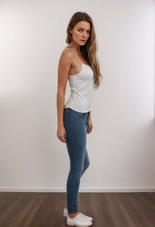 A photorealistic image of a woman with an hourglass figure standing in a room with a white wall and wooden floor, wearing a white sleeveless top, blue jeans, and white sneakers.