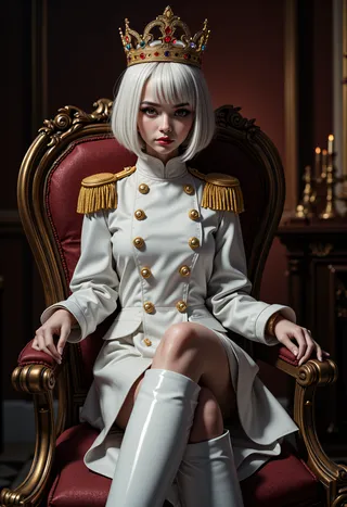 Realistic portrait of a female military queen with white hair, red eyes, wearing a white uniform with gold buttons and epaulettes, crowned with a jeweled golden crown, sitting on a red and gold ornate throne, legs crossed, wearing white high boots.