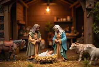 Realistic table-top miniature nativity scene showing Baby Jesus in a manger, flanked by Mary and Joseph with surrounding farm animals inside a rustic stable.